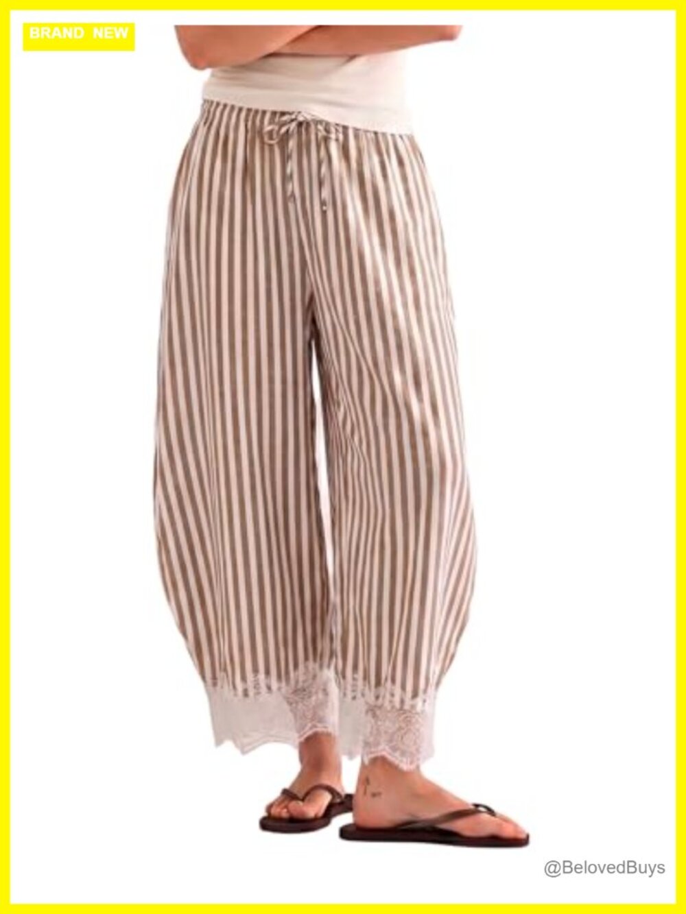 Women's Striped Wide Leg Capri Palazzo Pants Lace Hem Drawstring